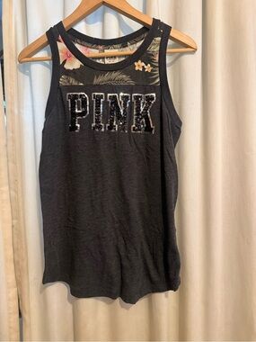 PINK Victoria's Secret Charcoal Tank with Sequin Logo & Floral Yoke